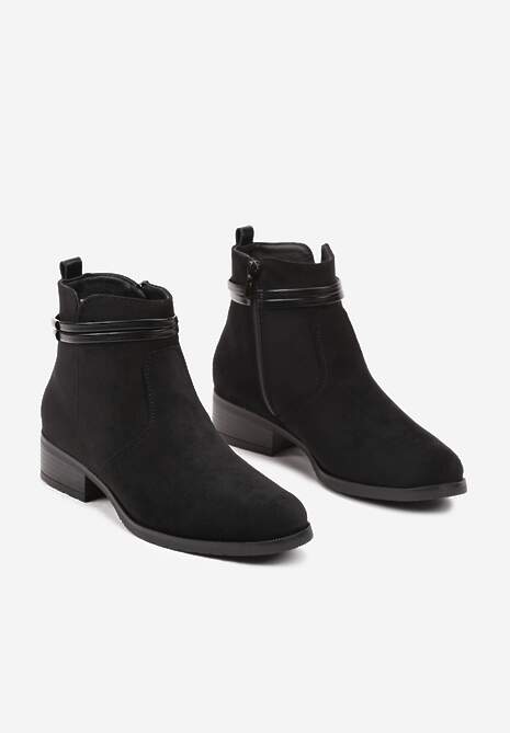 Czarne Botki z Ekozamszu na Płaskiej Podeszwie w Stylu Sztybletów z Metaliczną Aplikacją Veriennas