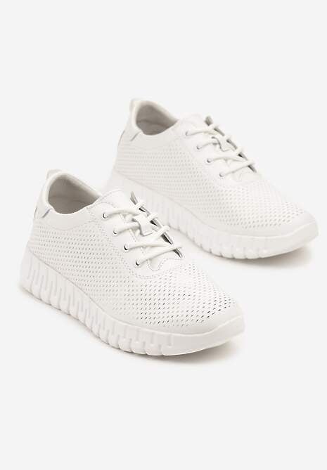 Białe Sneakersy ze Skóry Naturalnej z Perforacją na Tłoczonej Podeszwie Setilora
