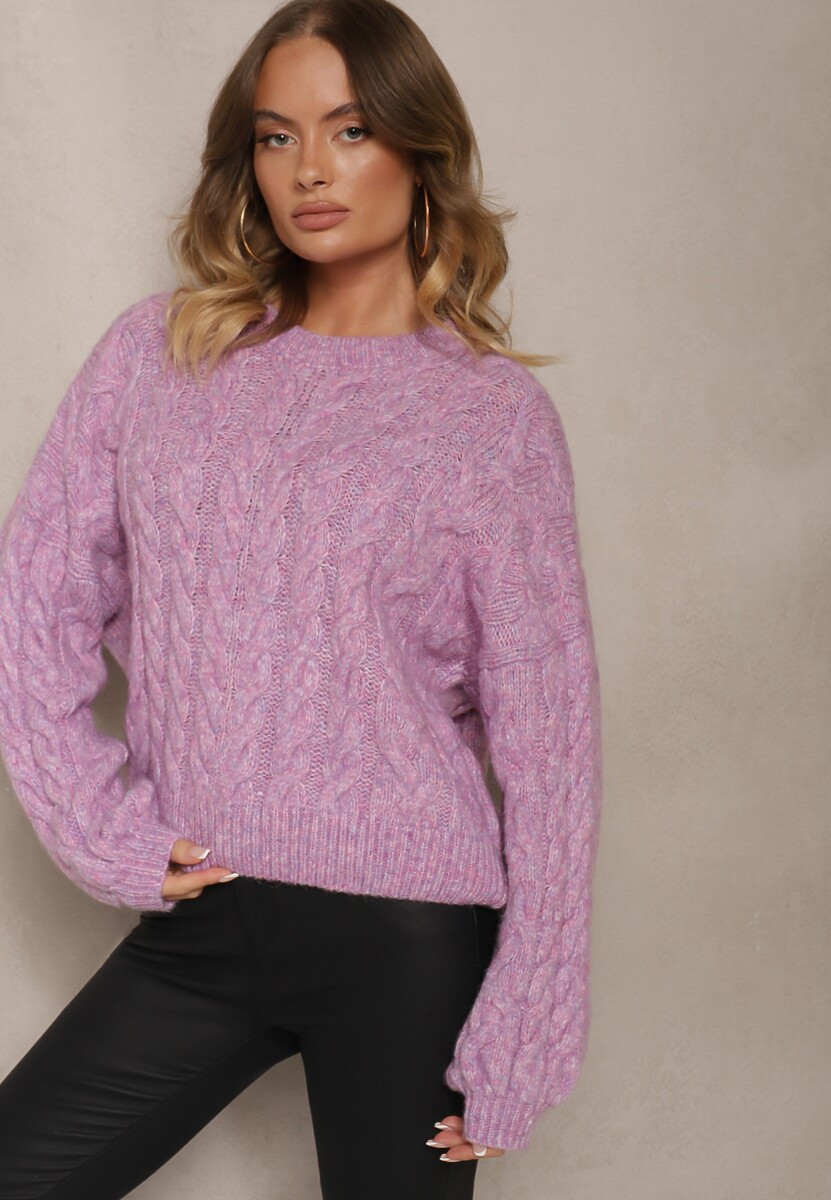 Fioletowy Sweter z Domieszką Wełny o Prostym Kroju Zdobiony Splotem w Warkocz Durira