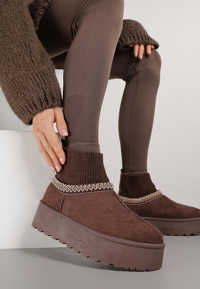 Brązowe Śniegowce VICES na Platformie ze Skarpetkową Cholewką i Haftem Ebentia