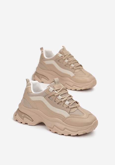 Ciemnobeżowe Sneakersy na Masywnej Podeszwie z Tłoczeniami Utonia