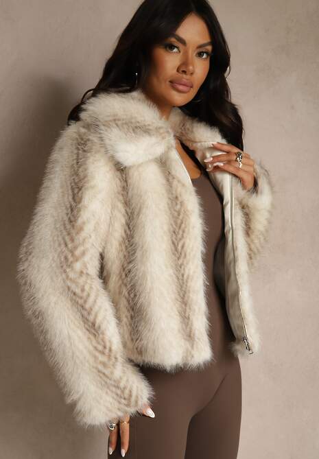 Jasnobeżowa Klasyczna Kurtka Futerko z Zapięciem na Zamek Błyskawiczny Tuswella