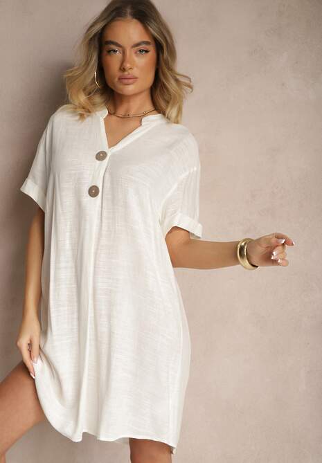Biała Sukienka z Bawełny o Pudełkowym Kroju z Dużymi Guzikami Elanorella