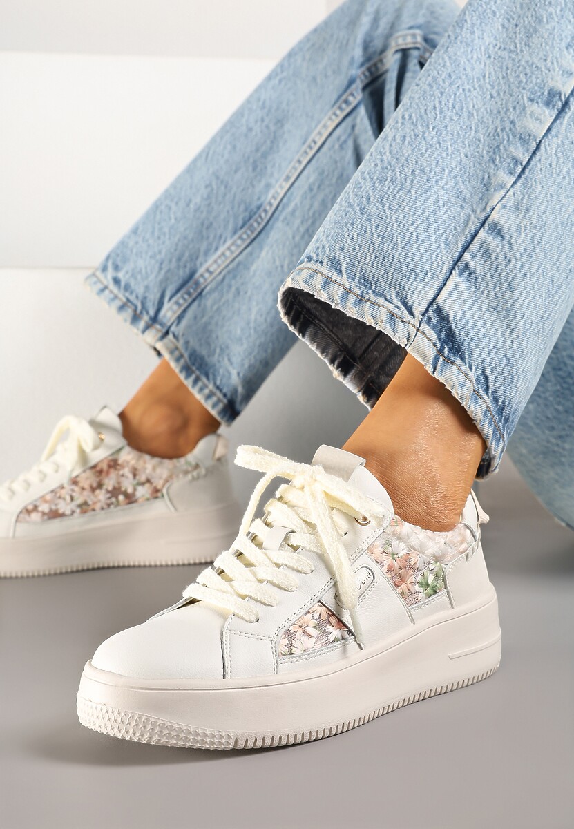 Beżowe Sneakersy ze Skóry Naturalnej z Kwiatami i Napisem Nilalora