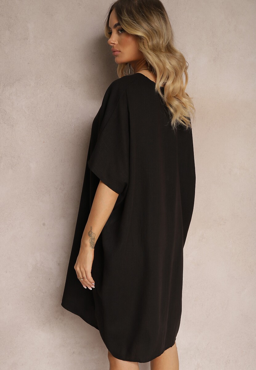 Czarna Pudełkowa Sukienka z Bawełny z Krótkim Rękawem i Trójkątnym Dekoltem Vikana