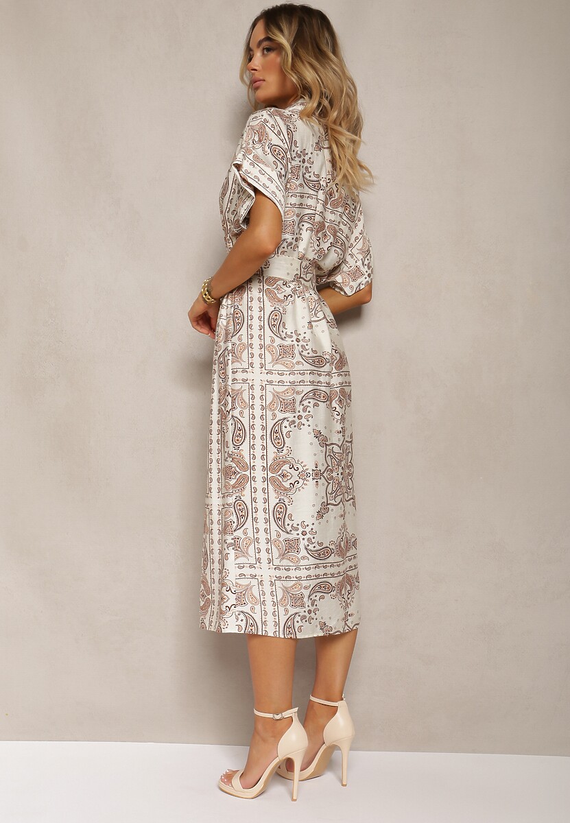 Jasnobeżowa Wiskozowa Sukienka Koszulowa z Materiałowym Paskiem i Gumką w Talii Cilefia