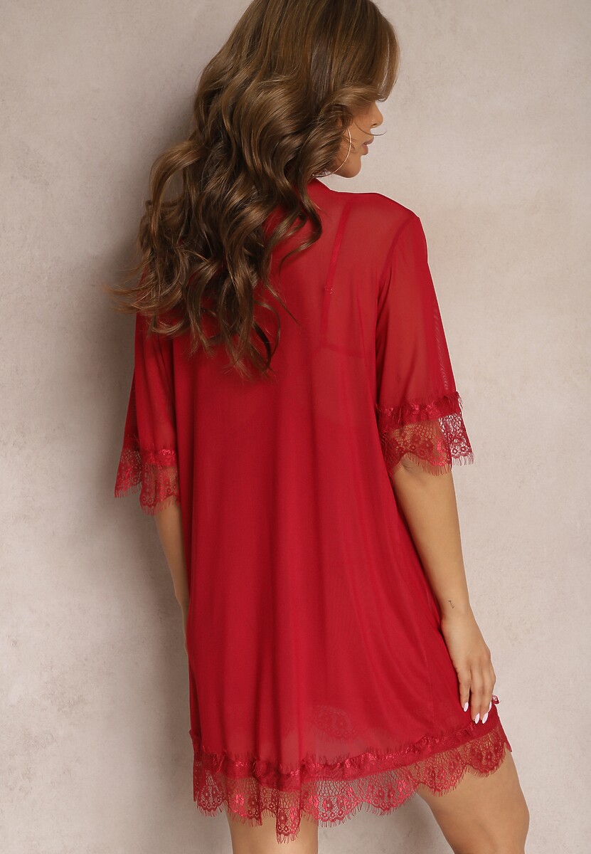 Czerwony Komplet Piżamowy z Siateczki Koszula Nocna Szlafrok Stringi Liamara