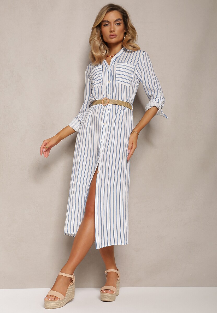 Biało-Niebieska Koszulowa Sukienka Midi w Paski z Lnem i Plecionym Paskiem Efordia