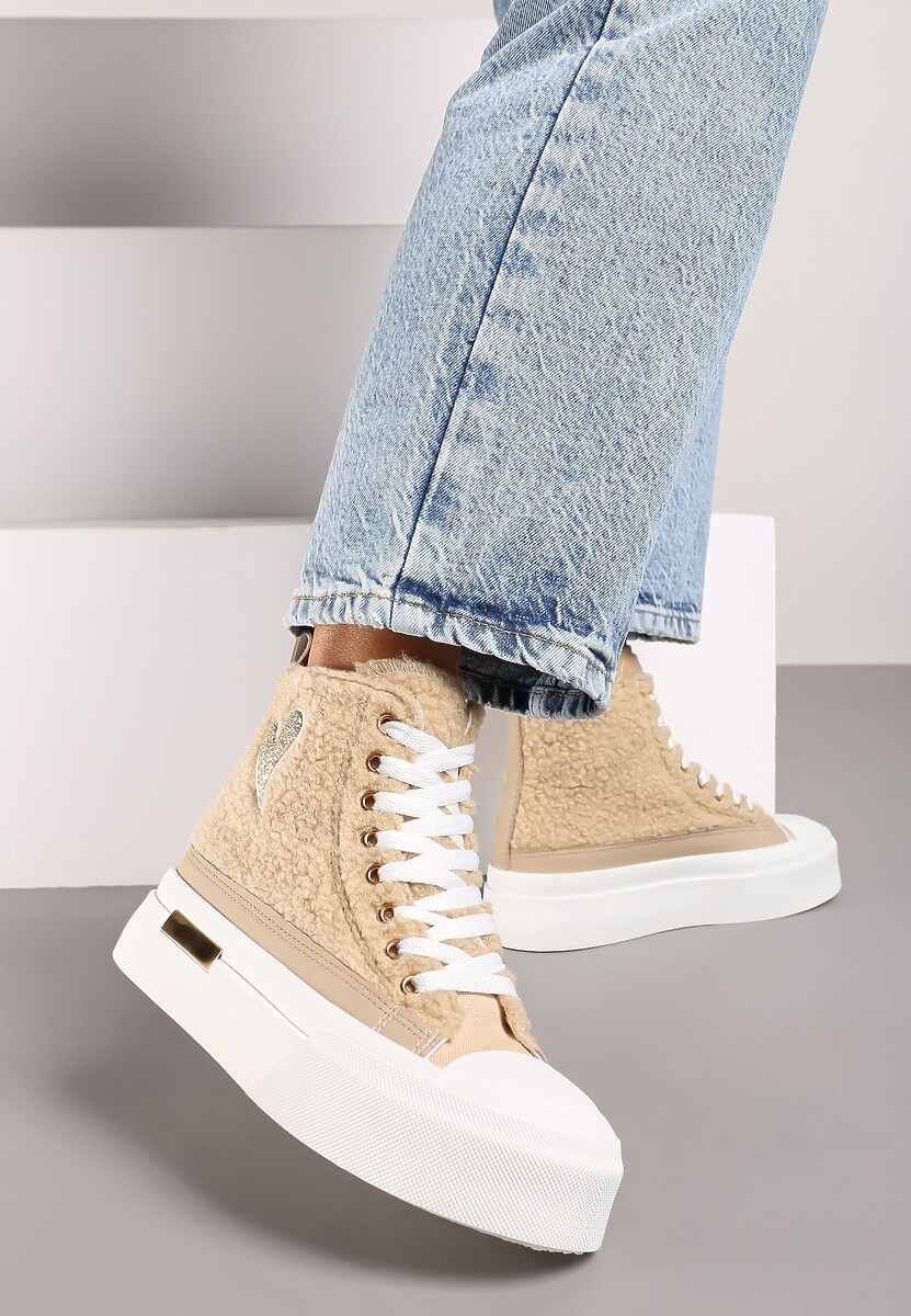 Ciemnobeżowe Brokatowe Trampki na Platformie z Cholewką za Kostkę Nevirosa