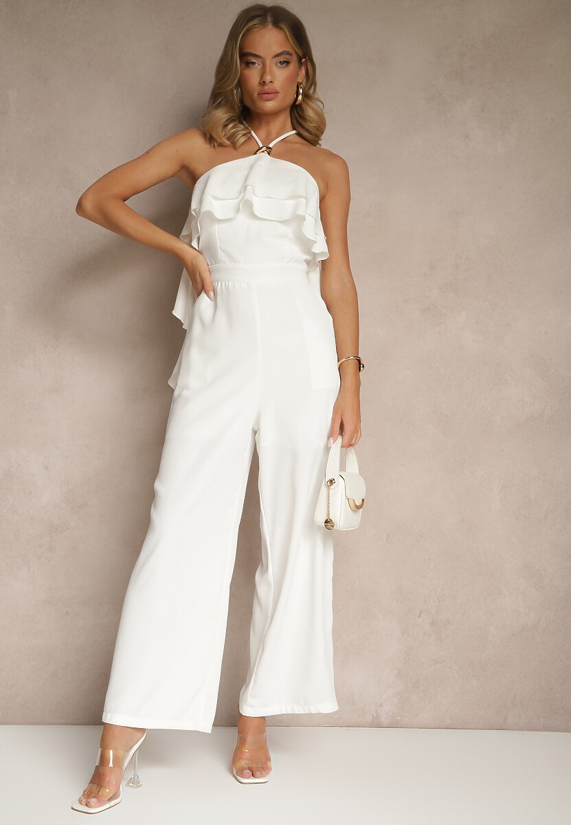 Biały Asymetryczny Kombinezon Ozdobiony Metaliczną Aplikacją Tilfina