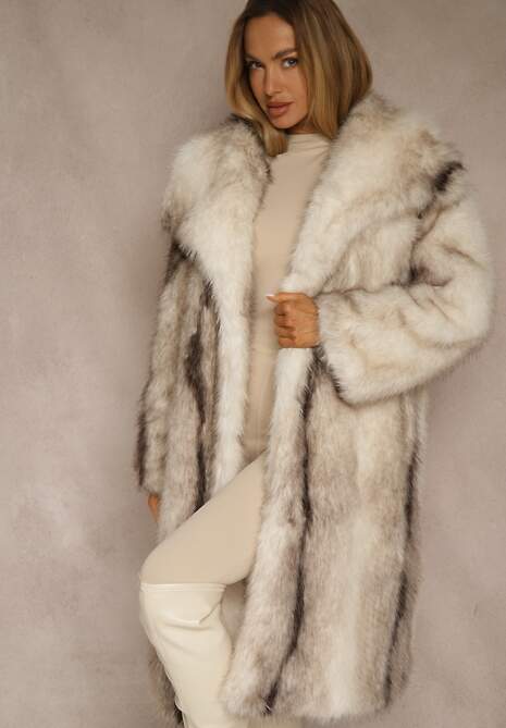 Biały Płaszcz Futerko o Prostym Kroju z Szerokim Kołnierzem Ezilana