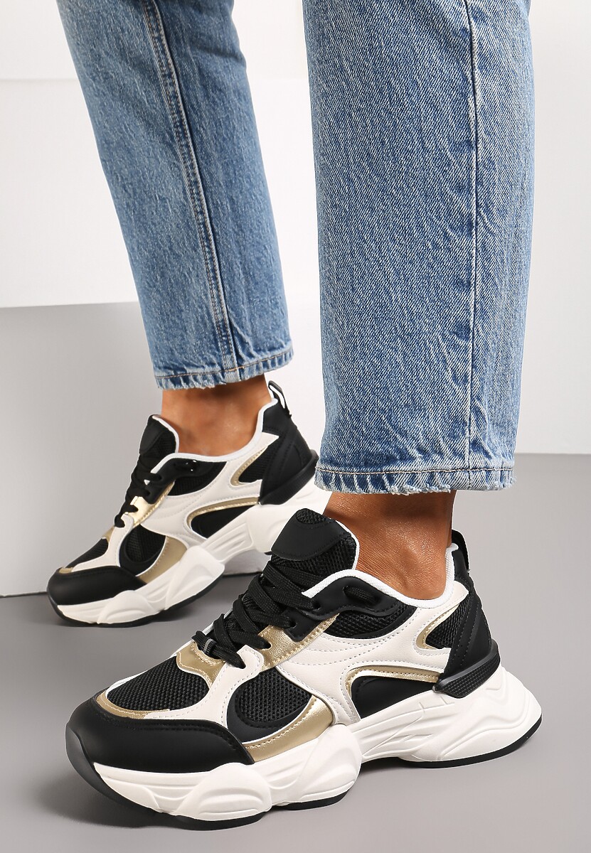 Biało-Czarne Sneakersy ze Wstawkami Metalicznymi i Siateczką na Grubej Podeszwie Riliera
