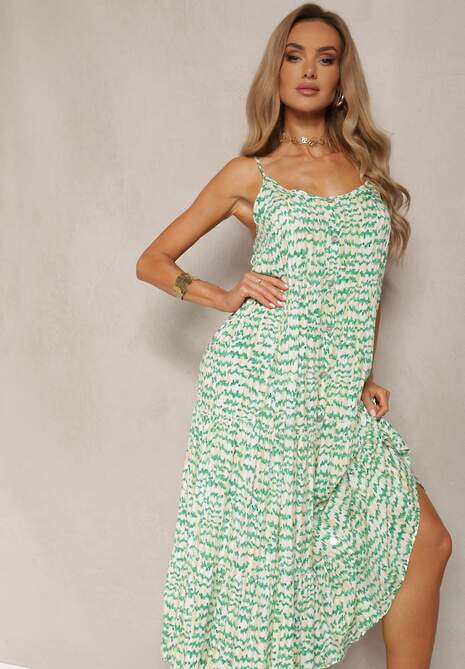 Zielona Sukienka z Wiskozy na Regulowanych Ramiączkach z Falbanką i Guzikami Vikisha