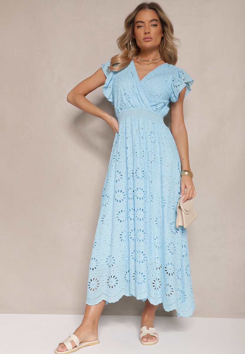 Niebieska Kopertowa Sukienka Ażurowa z Bufiastymi Rękawami Ldivaya