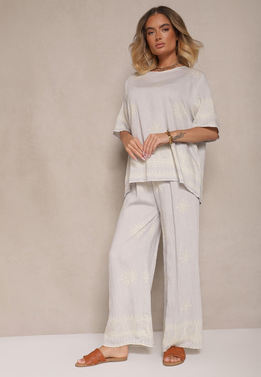 Beżowy Komplet Oversize z Bluzką i Luźnymi Spodniami w Stylu Boho Ronivara