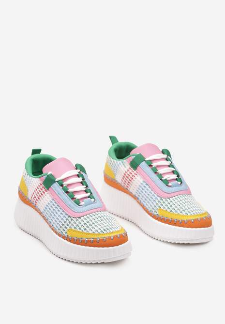 Zielono-Pomarańczowe Sznurowane Sneakersy na Grubej Podeszwie do Kostki Pasapia