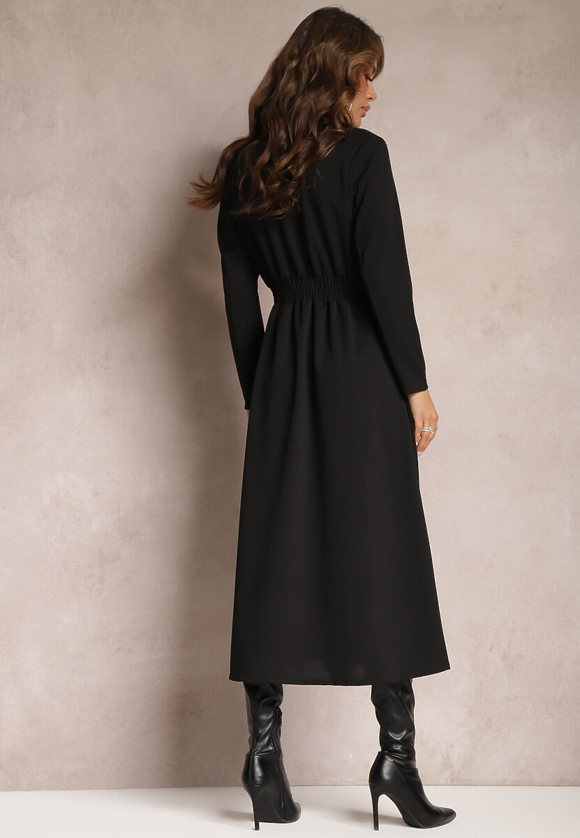 Czarna Sukienka Midi o Rozkloszowanym Fasonie z Trójkątnym Dekoltem i Gumką w Pasie Lunaia