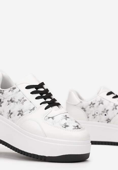 Biało-Czarne Sneakersy na Platformie z Nadrukiem w Kwiaty Chedora