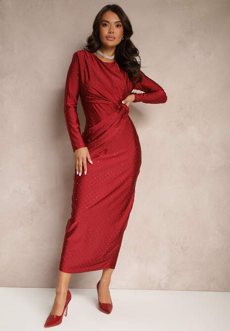 Bordowa Sukienka o Dopasowanym Kroju z Marszczeniem i Cyrkoniami Asila