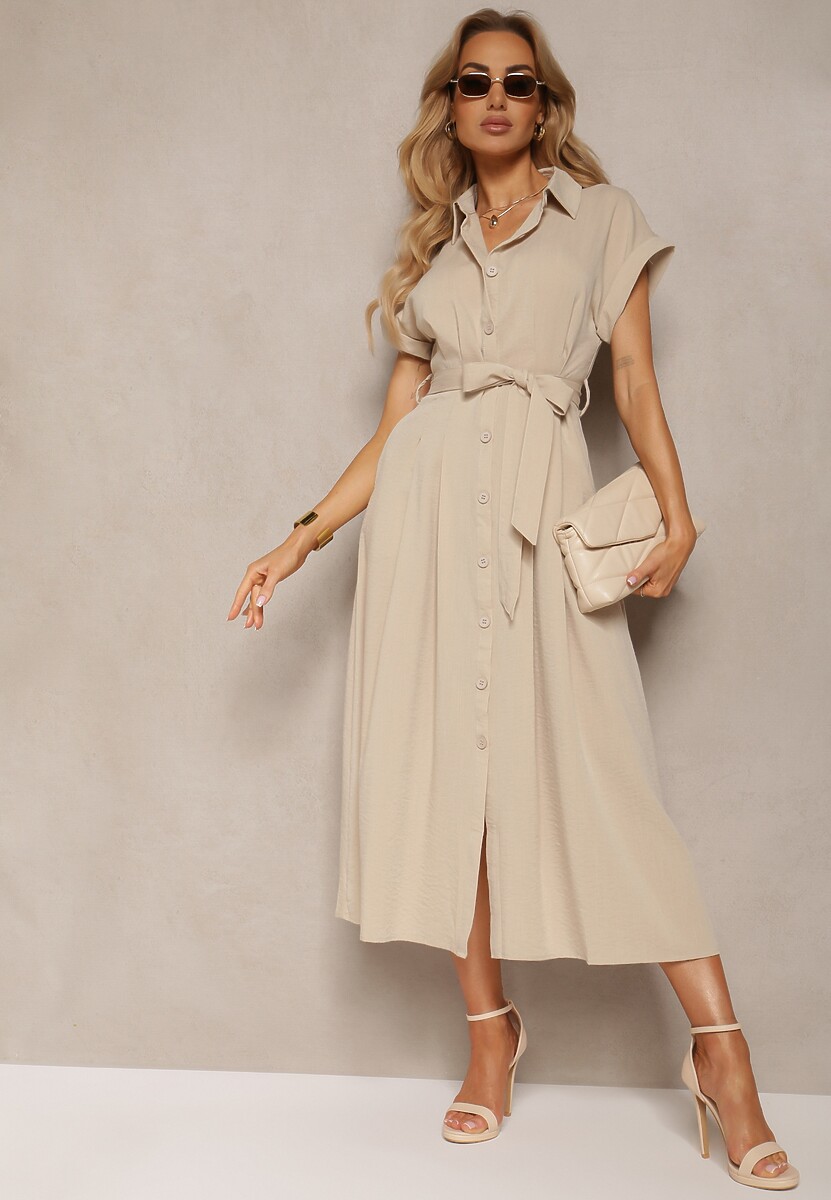 Beżowa Sukienka o Rozkloszowanym Kroju Zapinana na Guziki z Materiałowym Paskiem Moaril