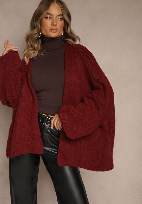 Bordowy Niezapinany Kardigan Nietoperzowy z Dodatkiem Wełny i Wiskozy Rallidia