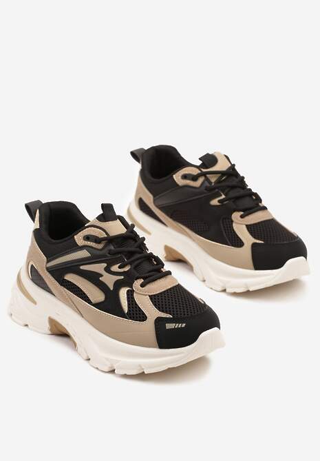 Czarno-Beżowe Sneakersy na Tłoczonej Platformie z Geometrycznymi Wstawkami Asloria