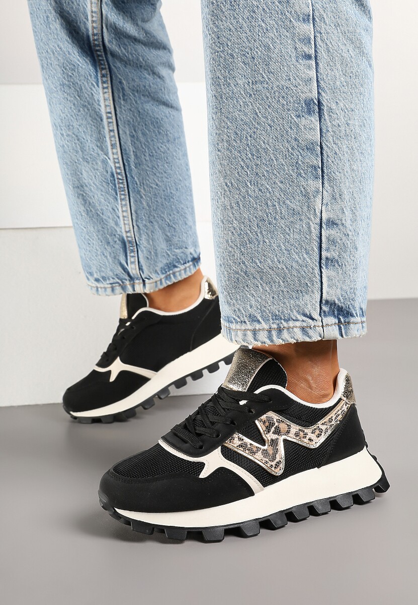 Czarne Sneakersy na Tłoczonej Platformie Zdobione Printem w Cętki Gonalisse