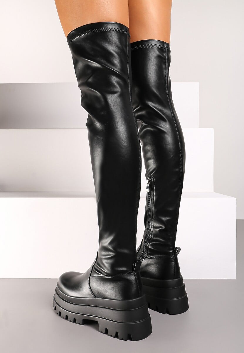 Czarne Dopasowane Kozaki za Kolano na Platformie w Stylu Grunge Irinalla