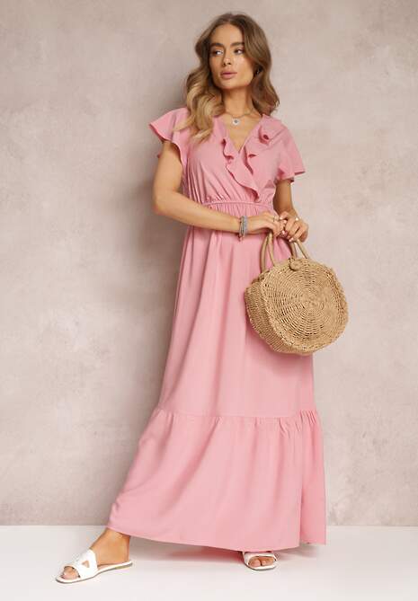 Różowa Sukienka Maxi z Kopertowym Dekoltem i Gumką w Talii Broka