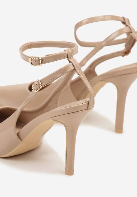 Ciemnobeżowe Sandały Lakierowane Vices na Szpilce Typu Slingback Dolenita