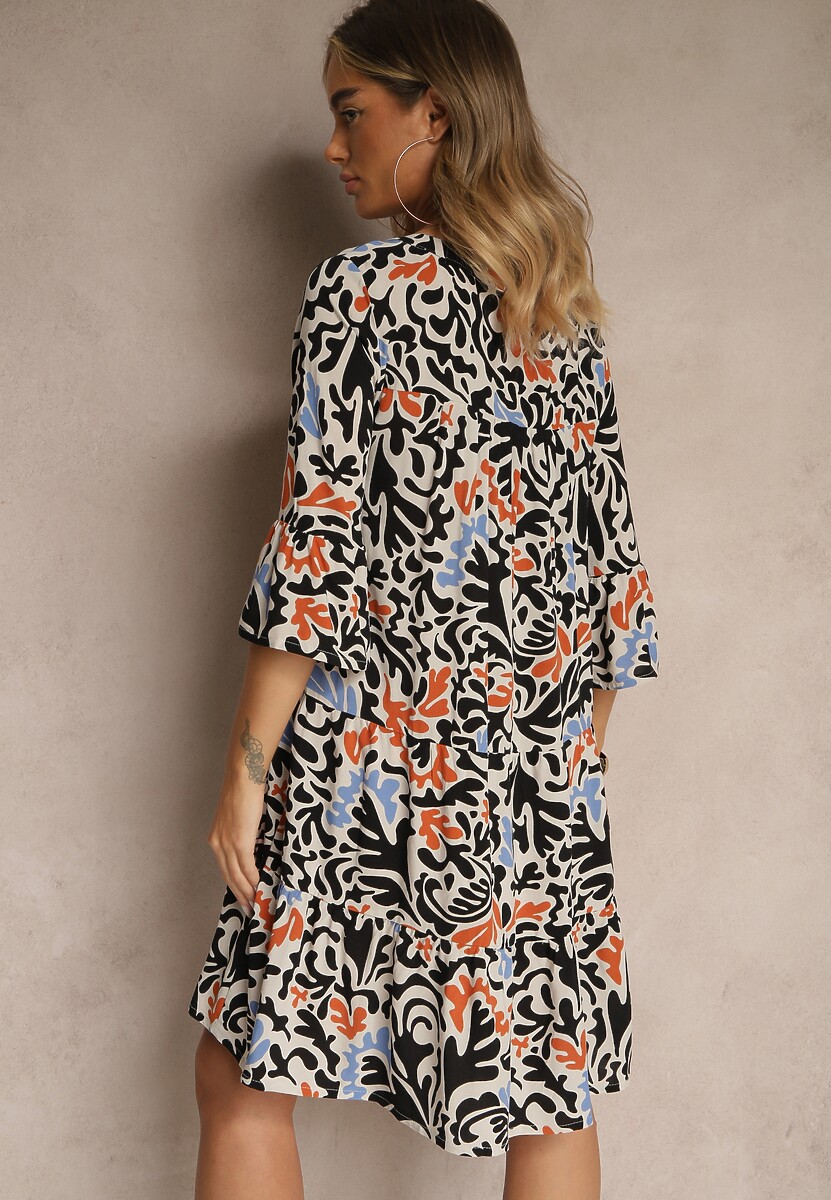 Czarno-Beżowa Sukienka z Wiskozy o Rozkloszowanym Kroju w Abstrakcyjny Wzór Lirese