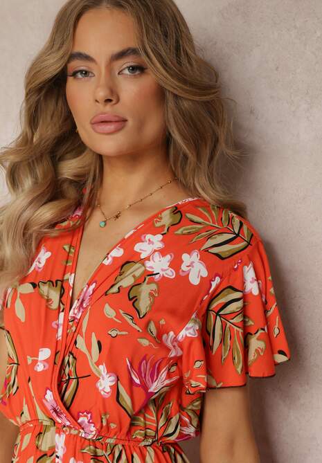 Pomarańczowa Wiskozowa Sukienka Mini z Gumką w Talii i Kopertowym Dekoltem w Kwiaty Eleagnecca