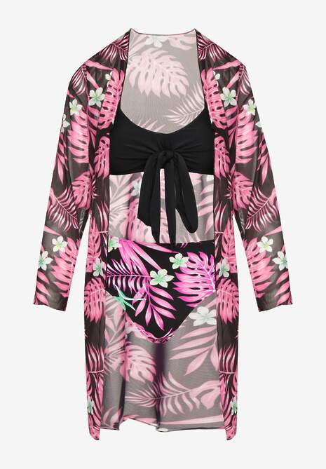 Czarno-Różowe Bikini Biustonosz z Wiązaniem i Figi z Dodatkową Siateczkową Narzutką Zarionea