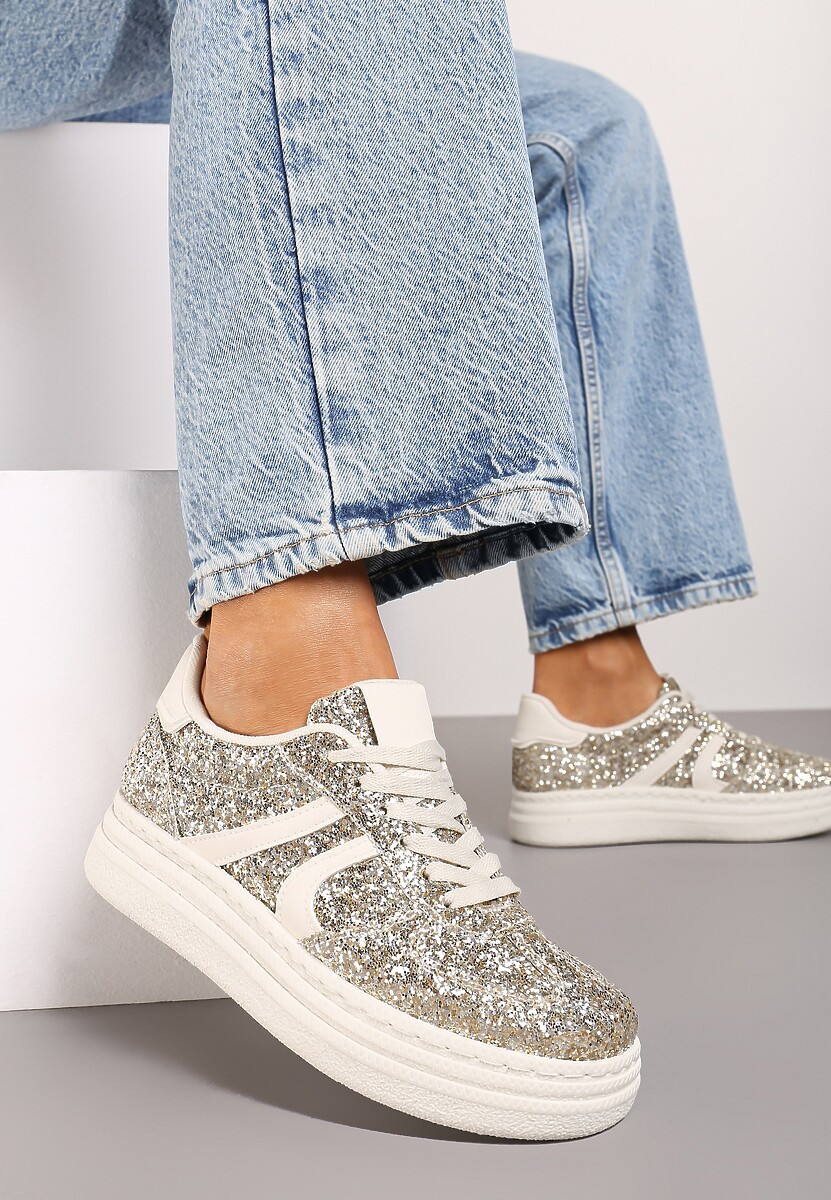 Białe Brokatowe Sneakersy na Niskiej Platformie Nevilinna