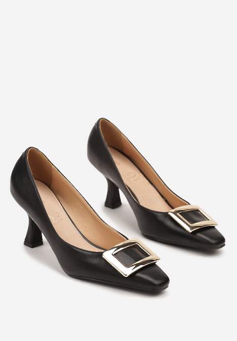 Czarne Czółenka Vices ze Skórzaną Wkładką i Metaliczną Klamerką Berrine