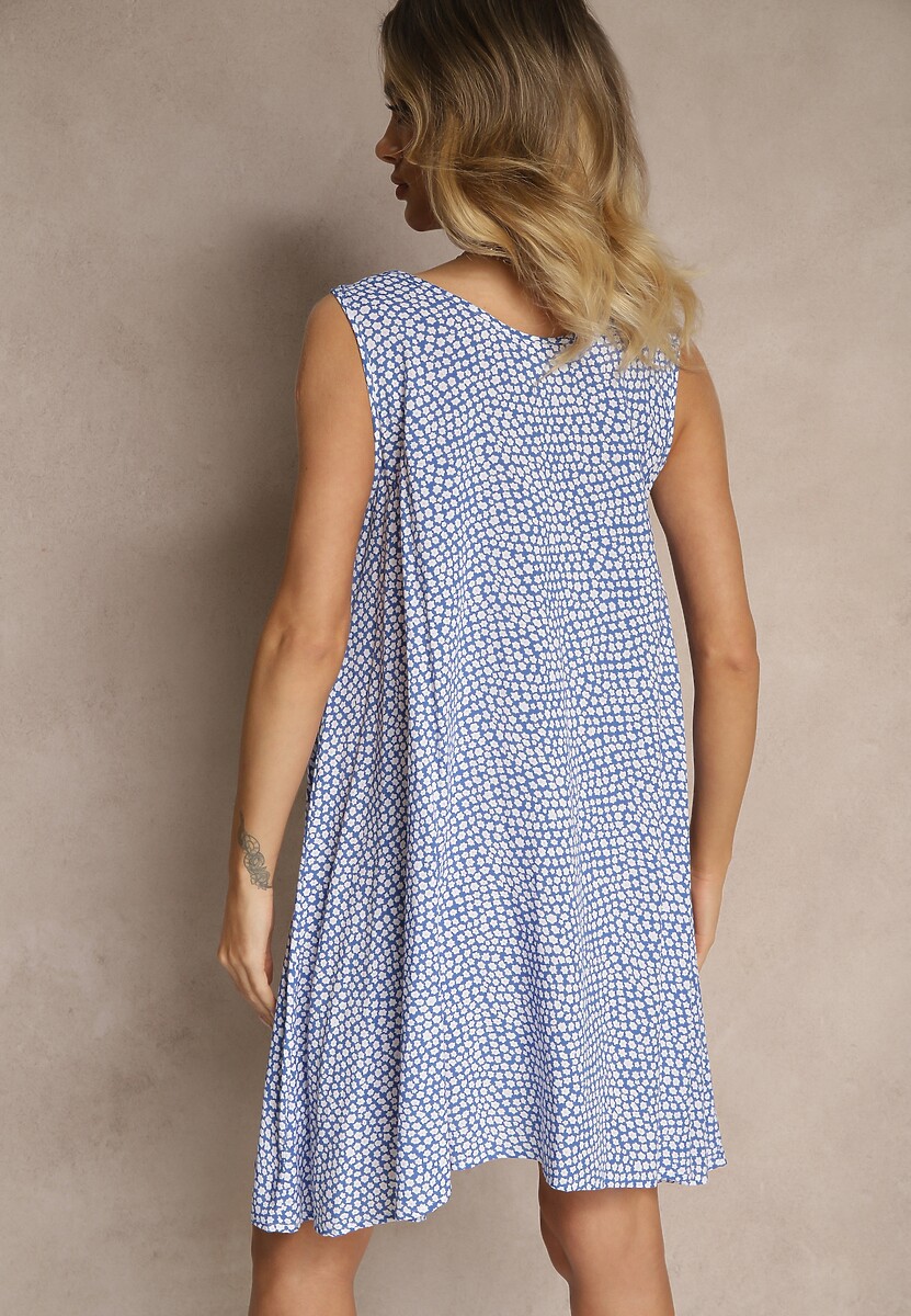 Niebieska Sukienka Rozkloszowana z Bawełny z Guzikami i Kwiatami Lisariela