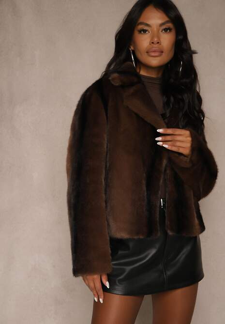 Brązowa Krótka Kurtka Futerko o Jednorzędowym Kroju Lanella