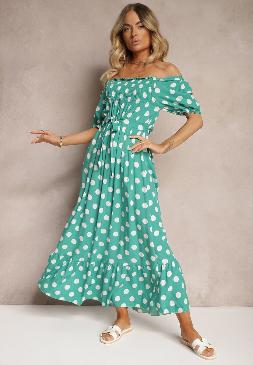 Niebieska Bawełniana Sukienka z Marszczonym Dekoltem i Materiałowym Paskiem Tesaya