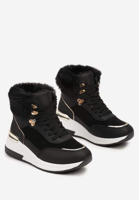 Czarne Futerkowe Sneakersy na Koturnie z Metalicznymi Wstawkami Kaithrin