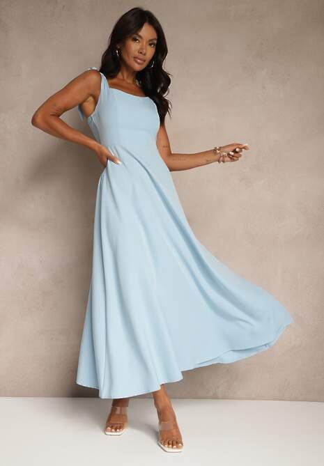 Niebieska Sukienka z Wiskozą o Rozkloszowanym Kroju z Wiązaniem Nilafeia