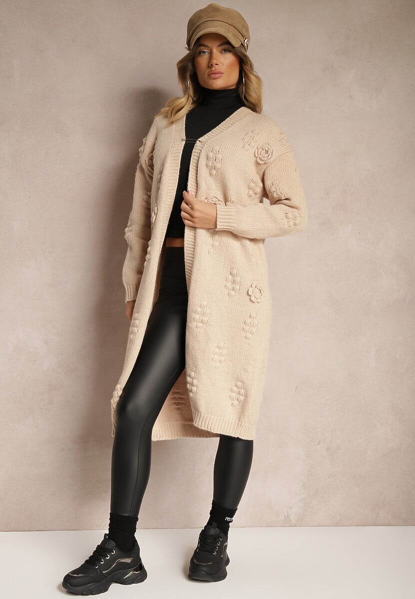 Brązowy Kardigan z Wełną i Wiskozą Ozdobiony Tłoczeniem Besisia