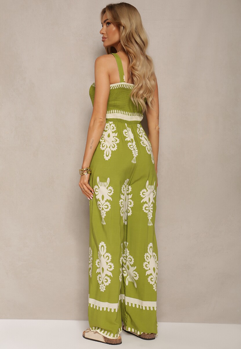 Zielony Wiskozowy Kombinezon z Marszczonym Dekoltem na Ramiączkach z Długimi Nogawkami Amperia