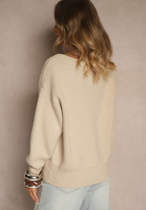 Beżowy Sweter z Kaszmirem i Trójkątnym Dekoltem Plenne