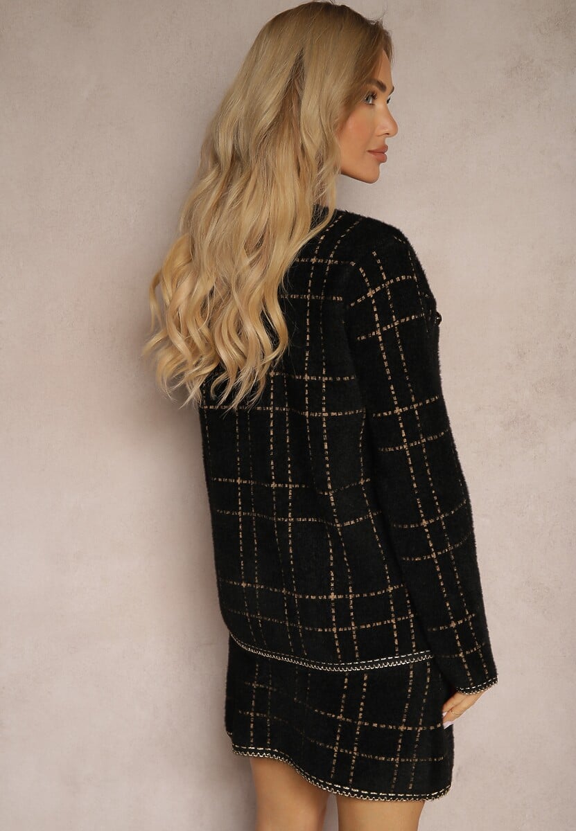 Czarno-Złoty Dzianinowy Elegancki Komplet z Kardiganem i Spódnicą w Kratkę Railey