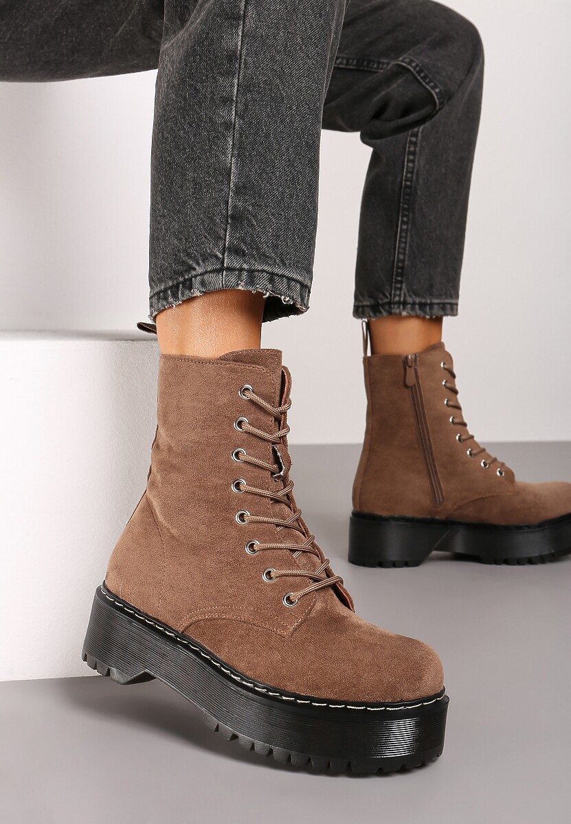 Ciemnobeżowe Botki Workery z Ekozamszu na Platformie Justines