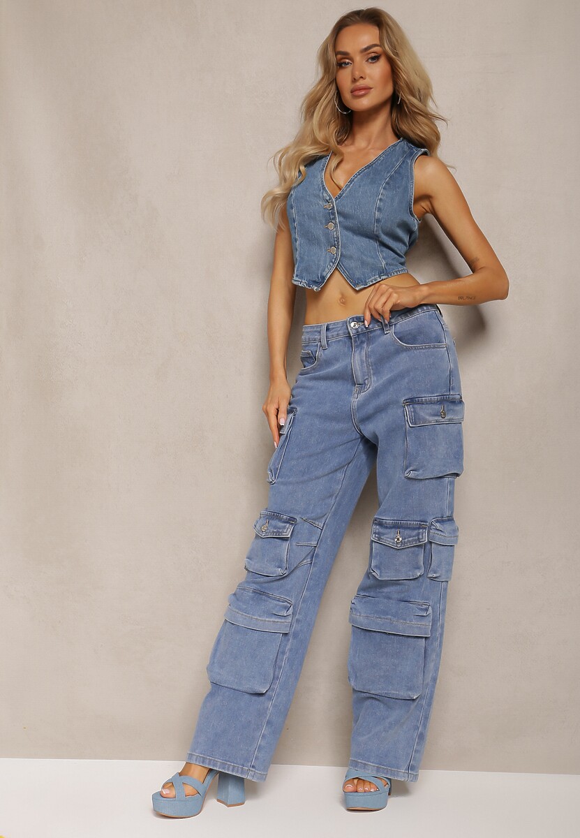 Niebieskie Spodnie High Waist z Szerokimi Nogawkami i Wieloma Kieszeniami Relada