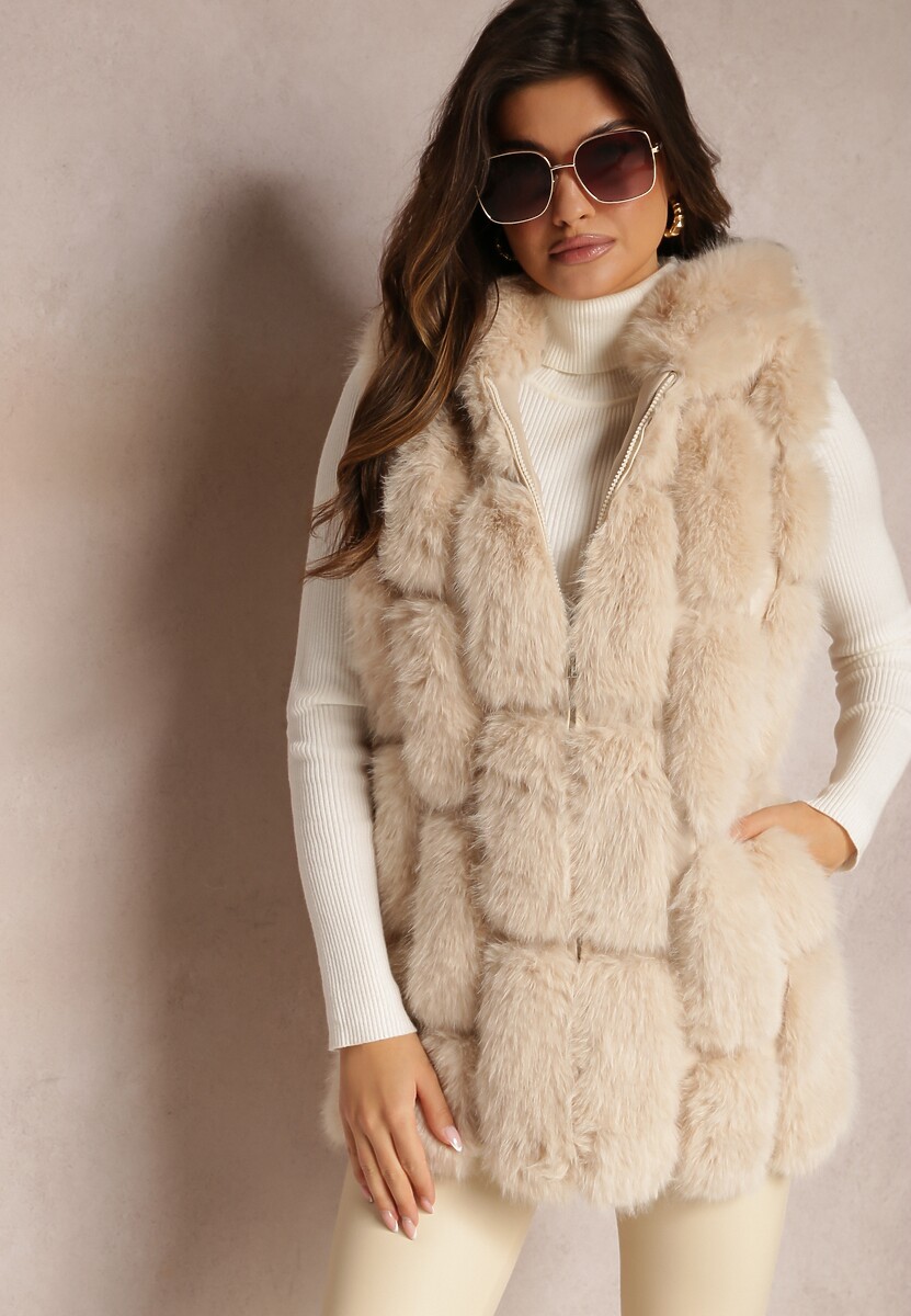 Żółta Futrzana Kamizelka z Kapturem Konessa