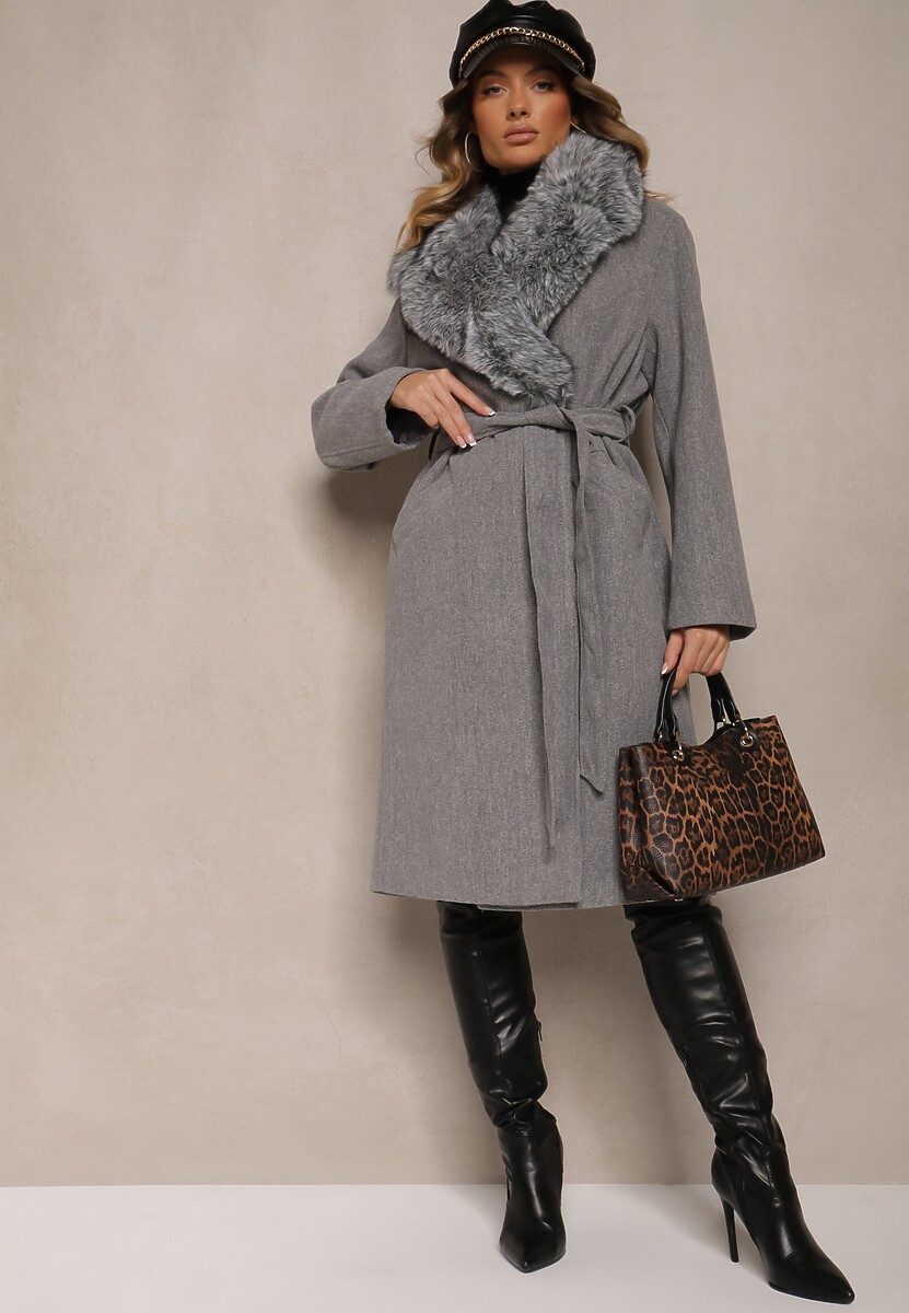 Szary Stylowy Płaszcz o Dwurzędowym Fasonie z Kołnierzem z Futerka i Paskiem Delarwen