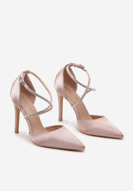 Szampańskie Satynowe Szpilki Ozdobione Cyrkoniami na Cienkich Paskach Wynstelle