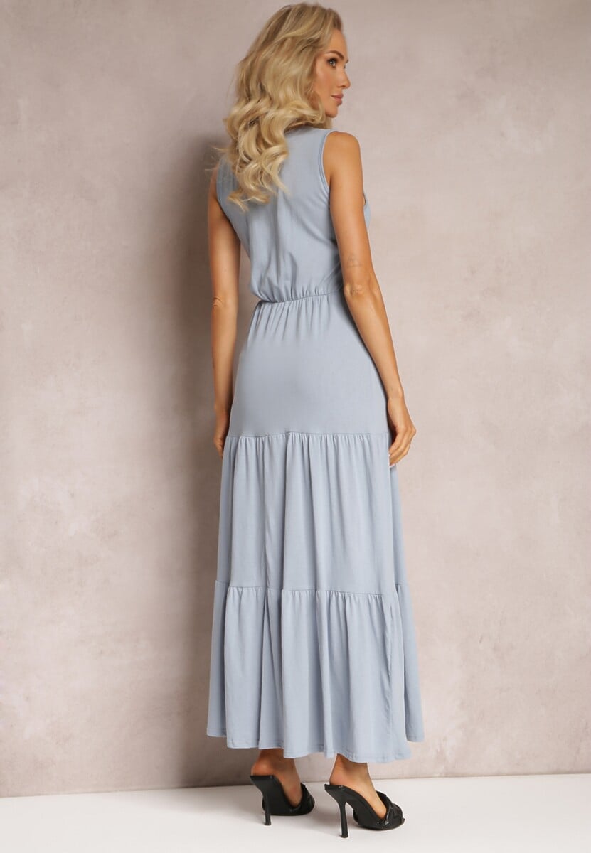 Niebieska Rozkloszowana Sukienka Maxi z Bawełnianej Tkaniny Galaise